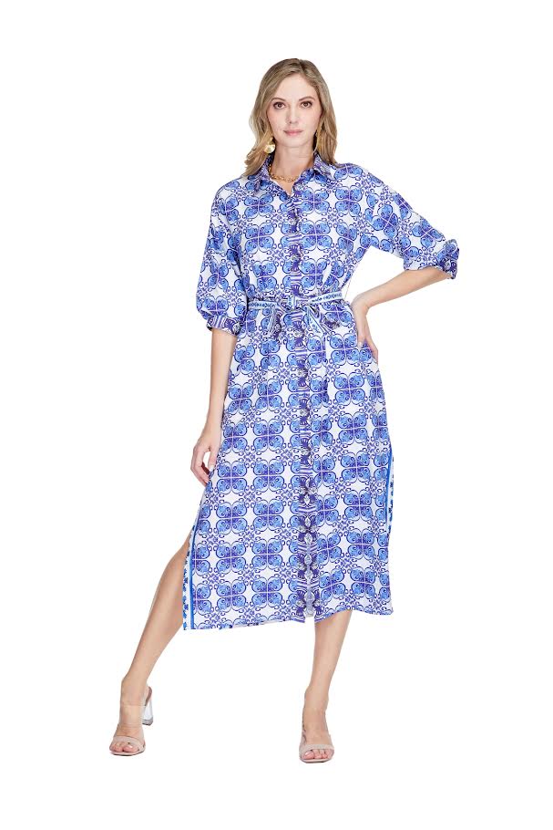 The Tatiana Maxi Shirt Dress - Blue Damask