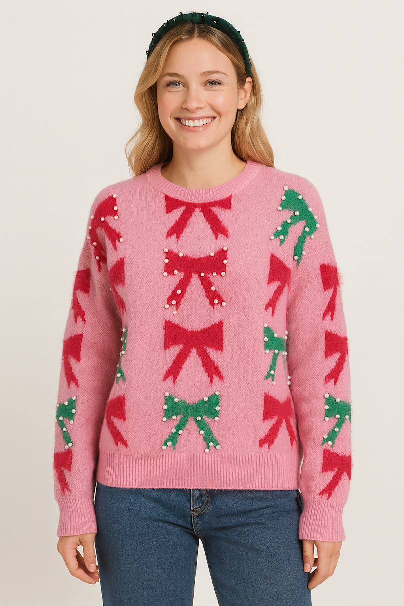 Bows & Pearls Sweater - Pink