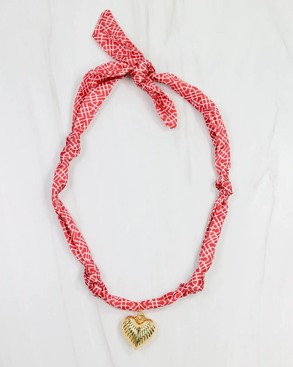 Serafina Scarf Charm Necklace - Red White Geo
