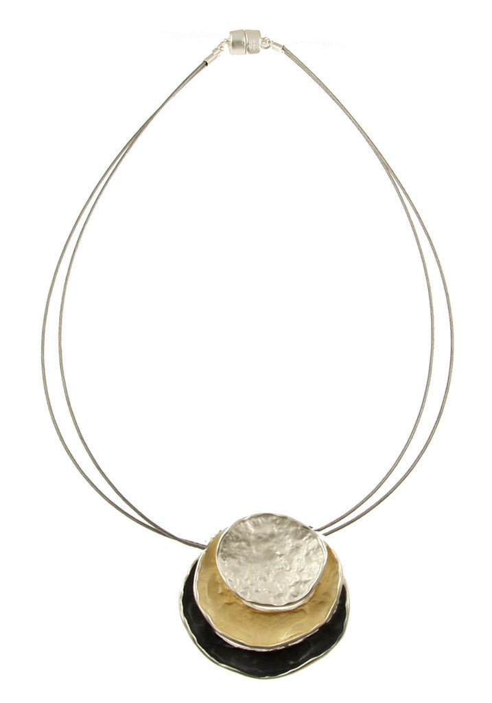 3 Circle Stack Pendant Necklace - White Gold Black