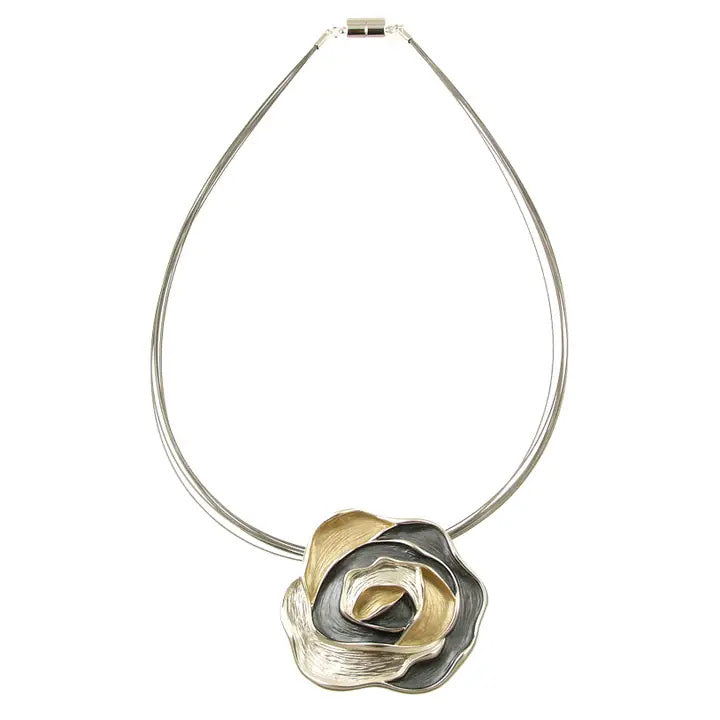 Rose Pendant Necklace - Gold White Grey