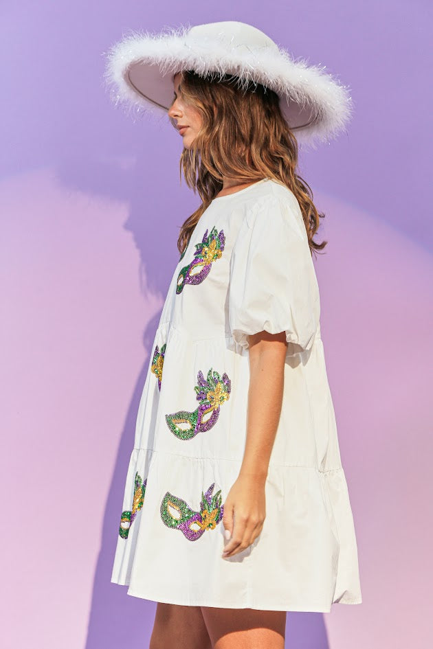 Mardi Gras Mask Dress - White