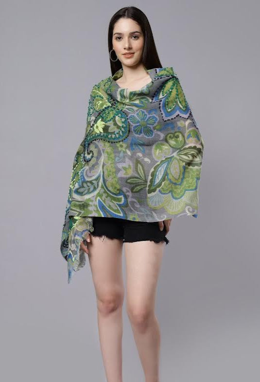 Stitched Floral Scarf - Grey Blue