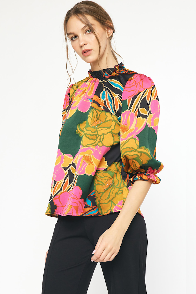 Fun & Floral Top - Black Green