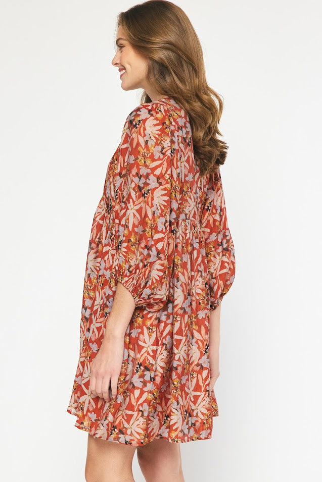 Fun And Floral Dress - Rust