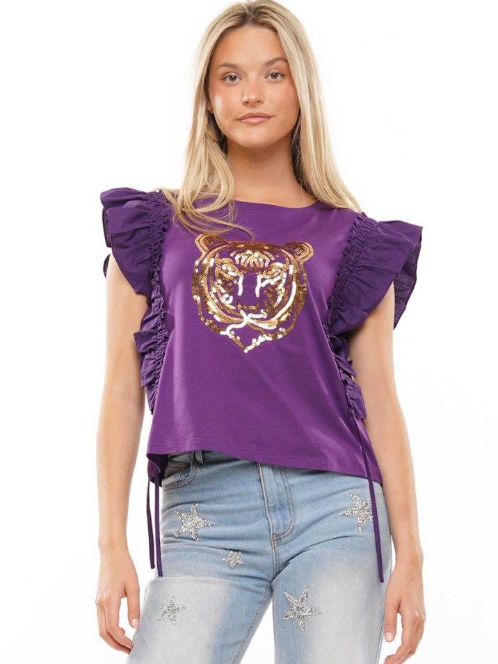 Ruffle Sleeve Sequin - Purple