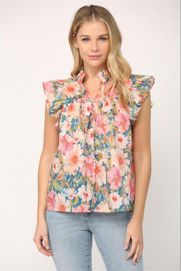 Flutter Sleeve Top - Teal/Pink