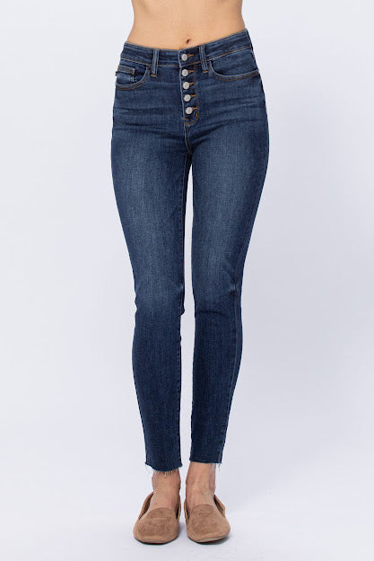 Hi Rise Button Fly Skinny - Dark Denim
