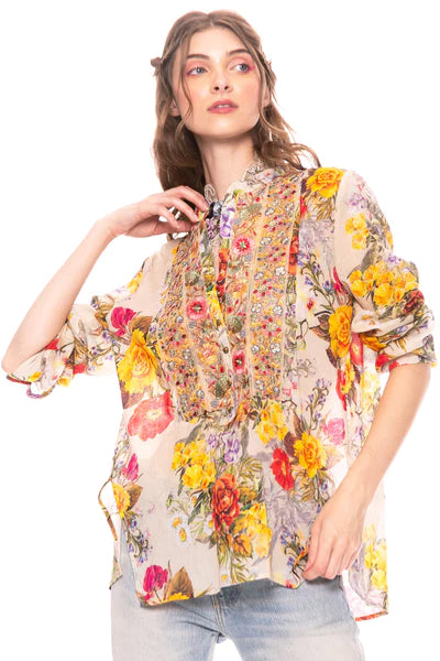The Rachel Blouse - Beige Rose Floral