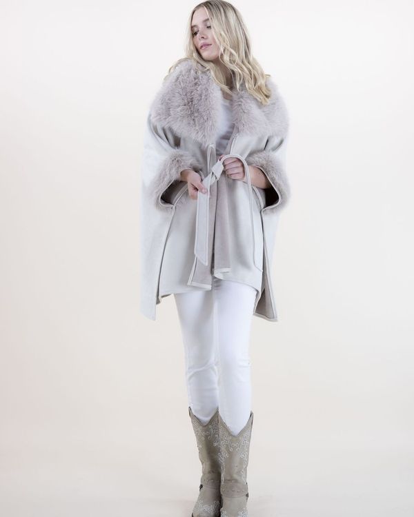 VEGAN Fur Belted Suede Cape - Beige