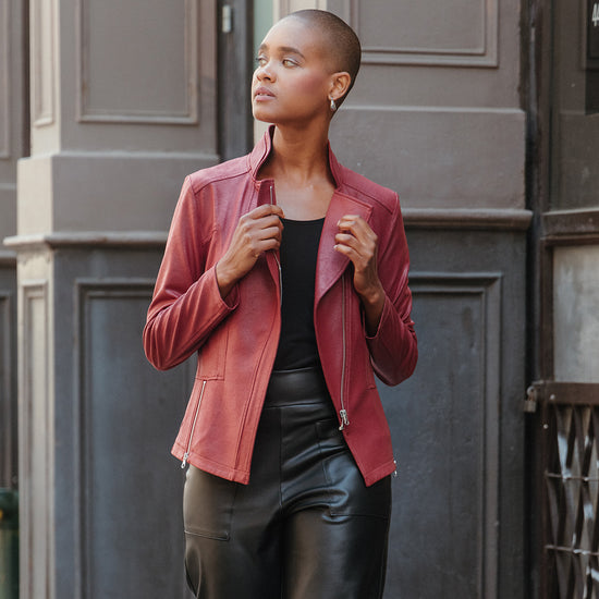 Classic Faux Leather Jacket - Ruby