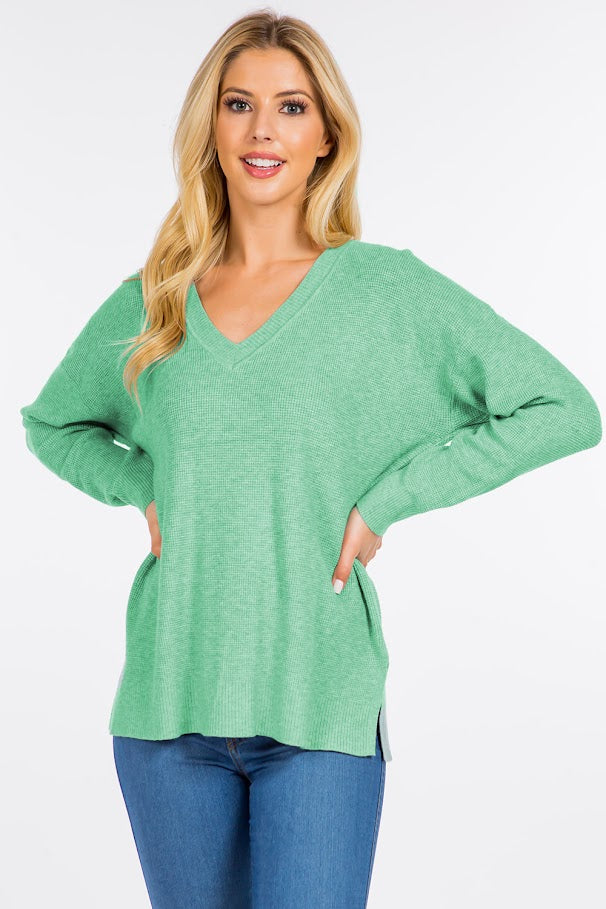 Amie Waffle Sweater - Heather Ivy