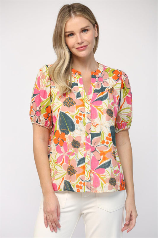 The Sylvia Blouse - Cream Pink Teal