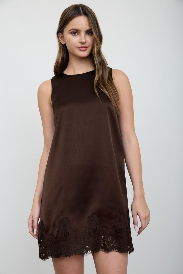 Satin &amp; Lace Dress - Dark Brown