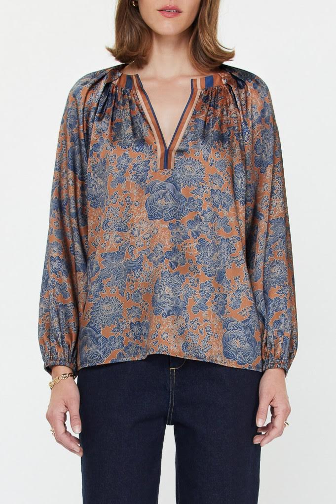 The Nancy Blouse - Dark Brown Navy Multi