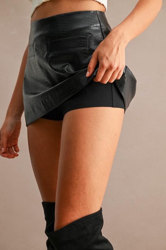 Croc Skin Leather Skort - Black