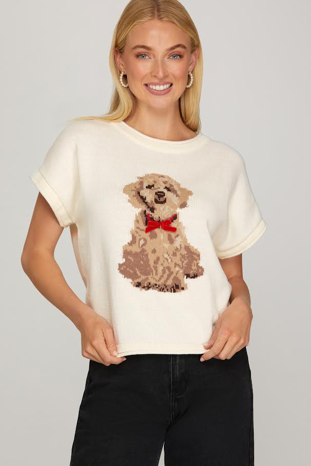 Puppy Knit Sweater - Cream