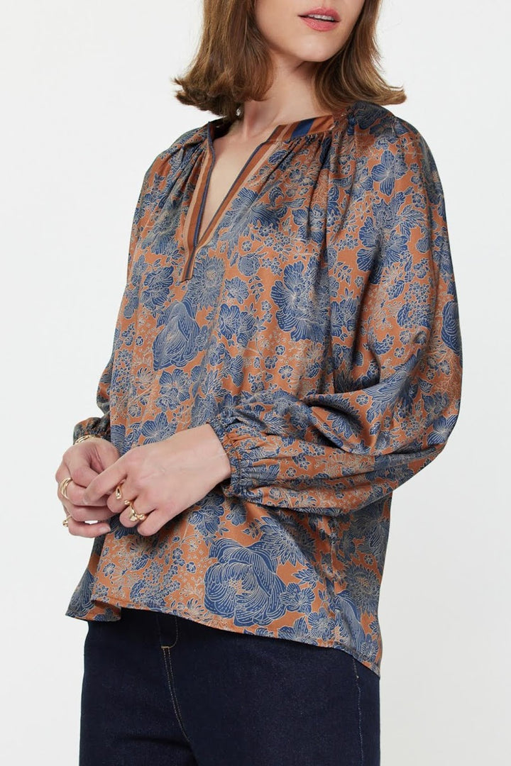 The Nancy Blouse - Dark Brown Navy Multi