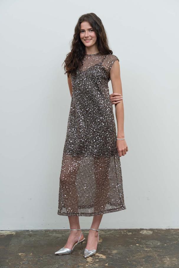 Sassy Sequin Midi Dress - Brown