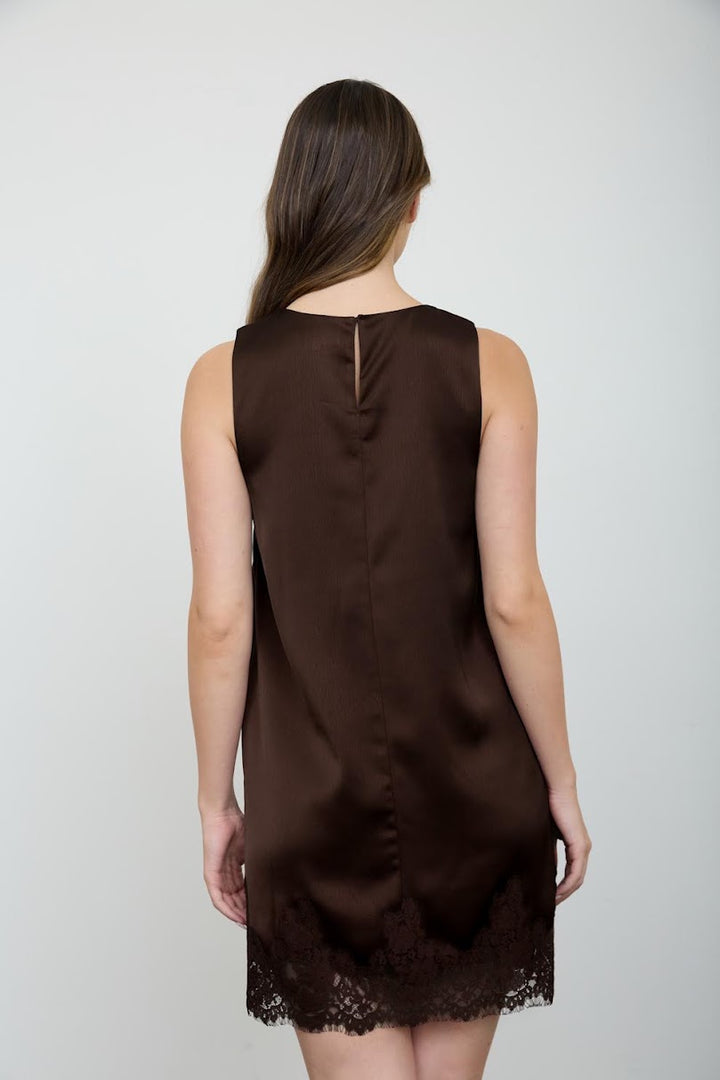 Satin &amp; Lace Dress - Dark Brown