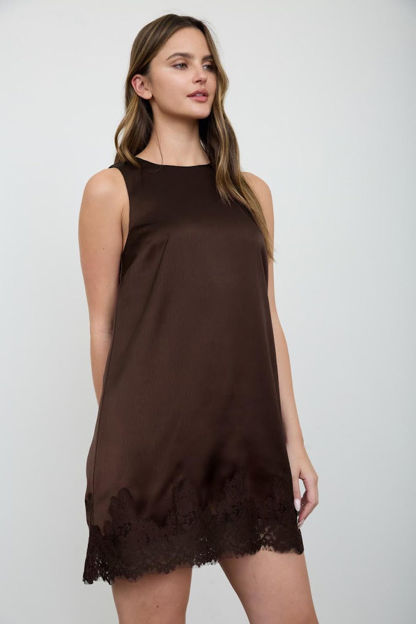 Satin &amp; Lace Dress - Dark Brown