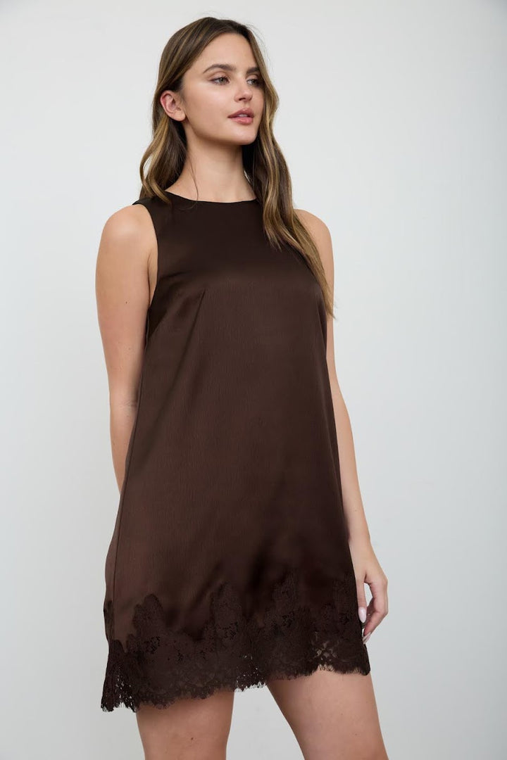Satin &amp; Lace Dress - Dark Brown