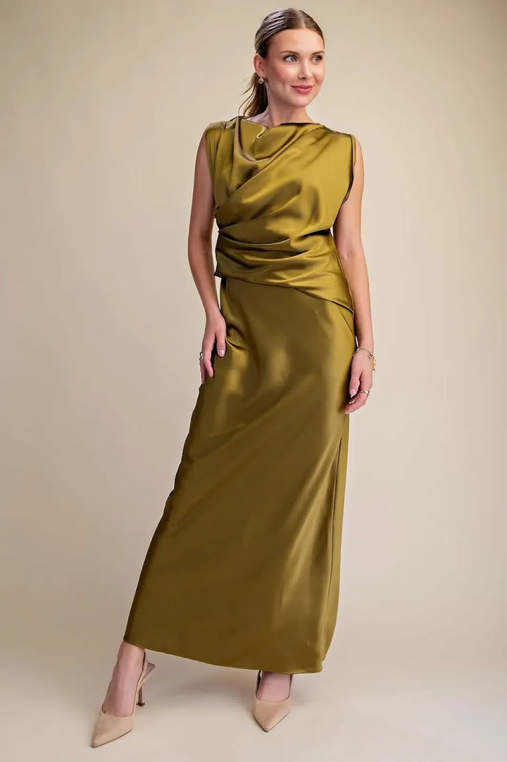 Mia Satin Dress - Olive
