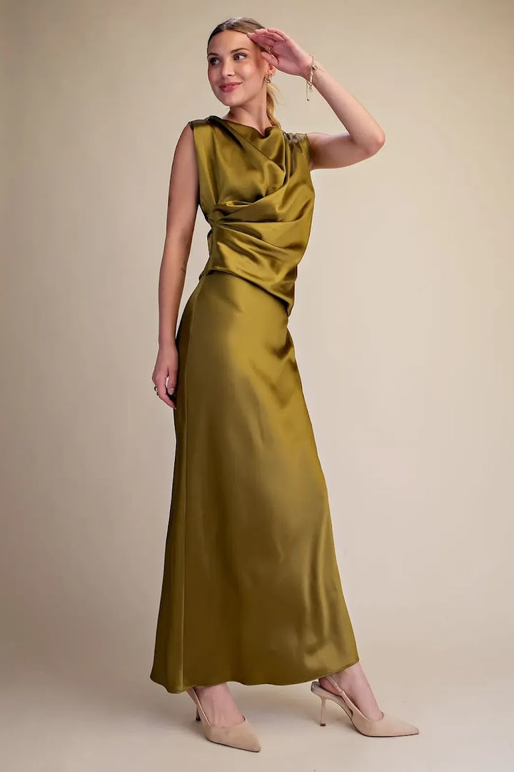 Mia Satin Dress - Olive