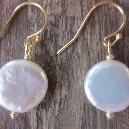 White Freshwater Coin Pearl Earring - Gold