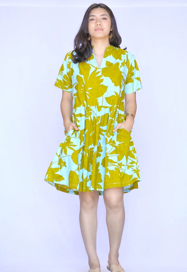 Vasa Cotton Dress - Turq/Olive
