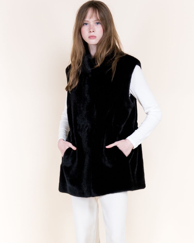Vegan Fur Snap Button Vest - Black