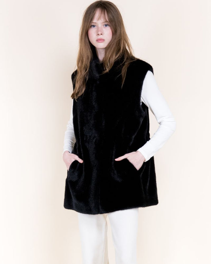 Vegan Fur Snap Button Vest - Black