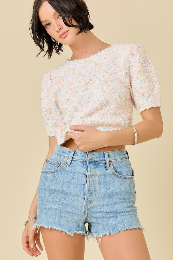 Pom Pom Cropped Sweater - Ivory Multi