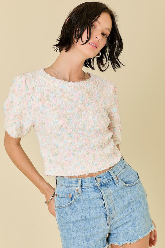 Pom Pom Cropped Sweater - Ivory Multi