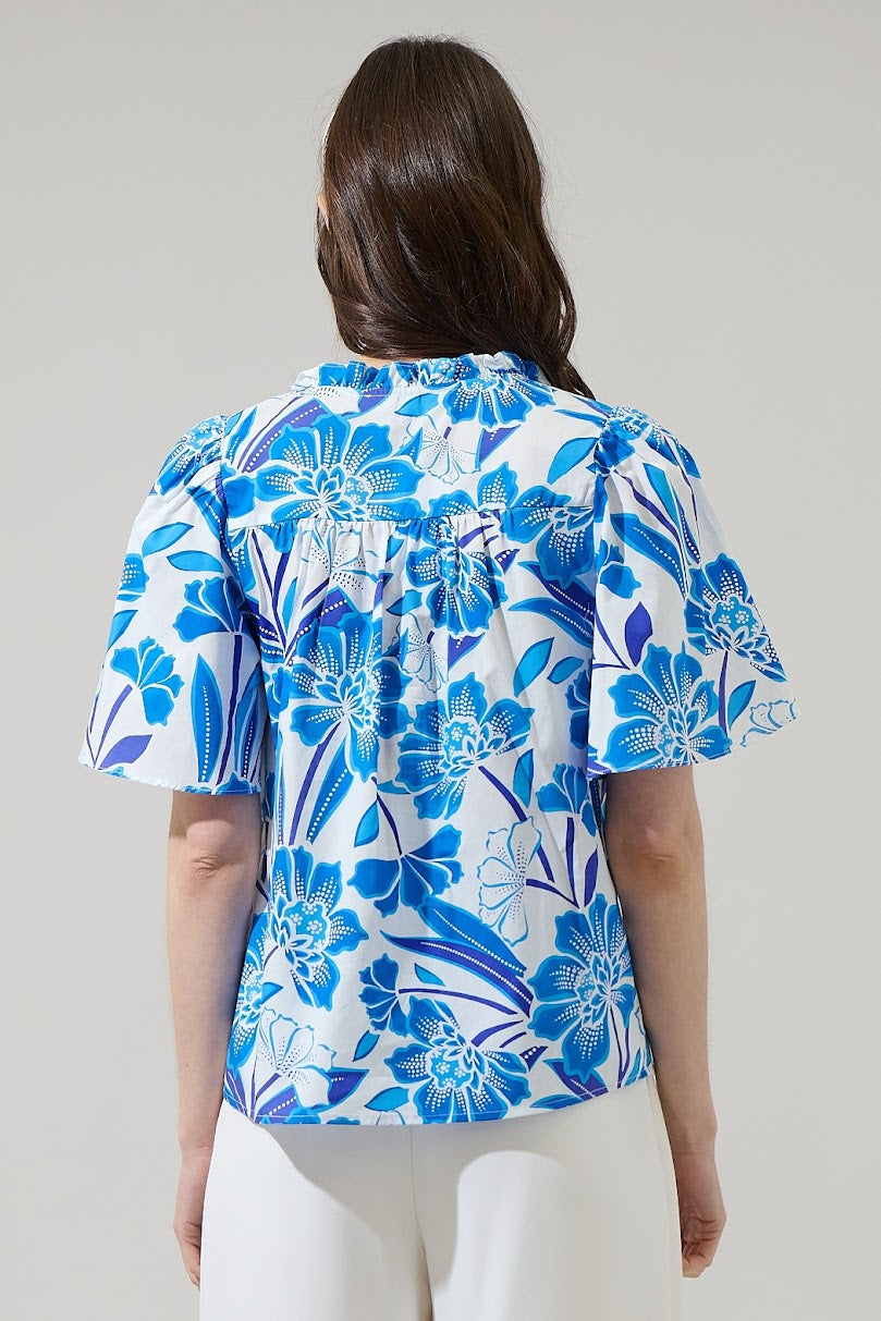Maci Poplin Top - White Blue Multi