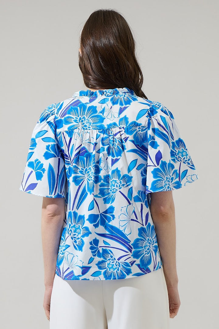 Maci Poplin Top - White Blue Multi
