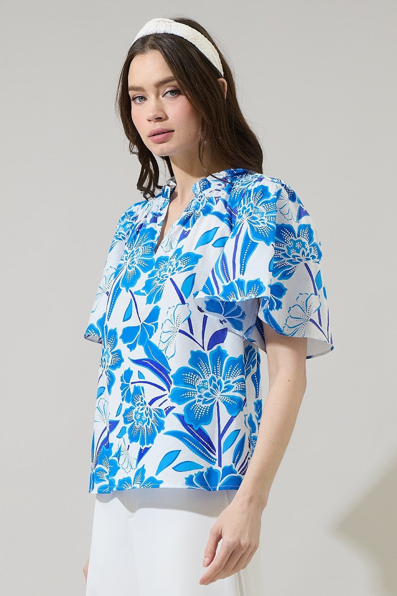 Maci Poplin Top - White Blue Multi