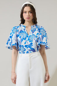 Maci Poplin Top - White Blue Multi
