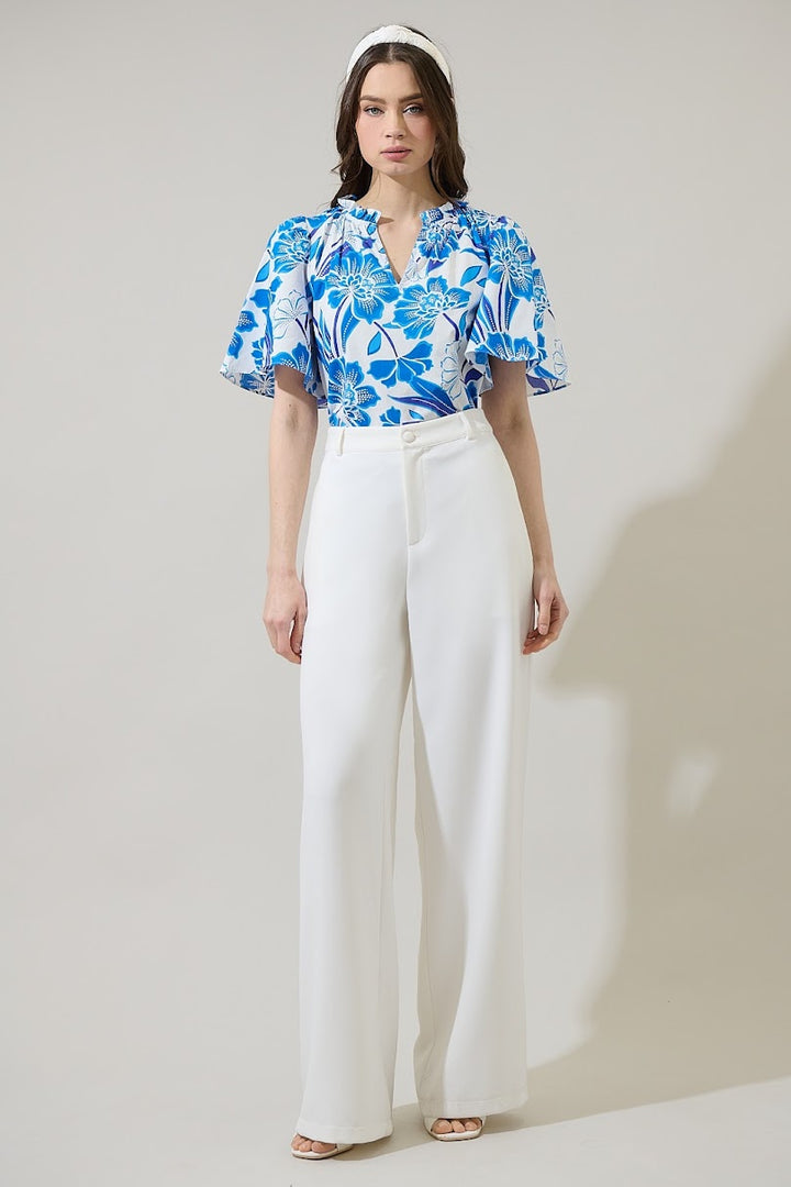 Maci Poplin Top - White Blue Multi