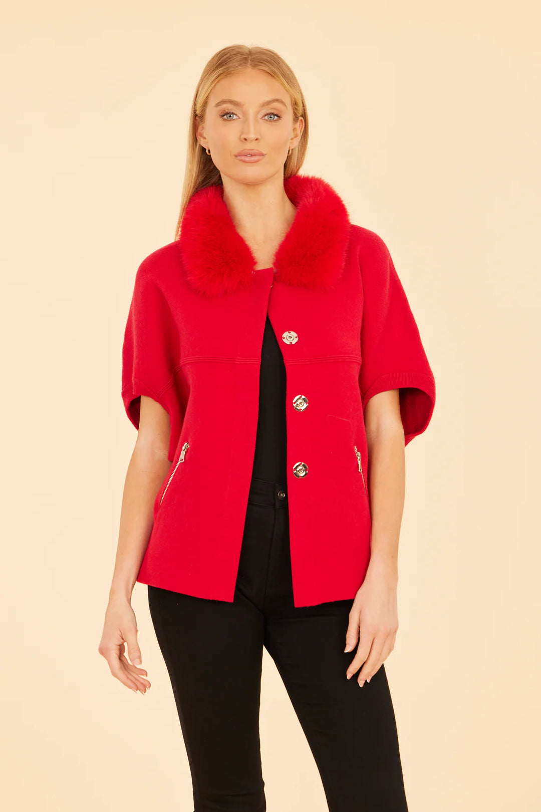 Faux Fur Cardigan - Red