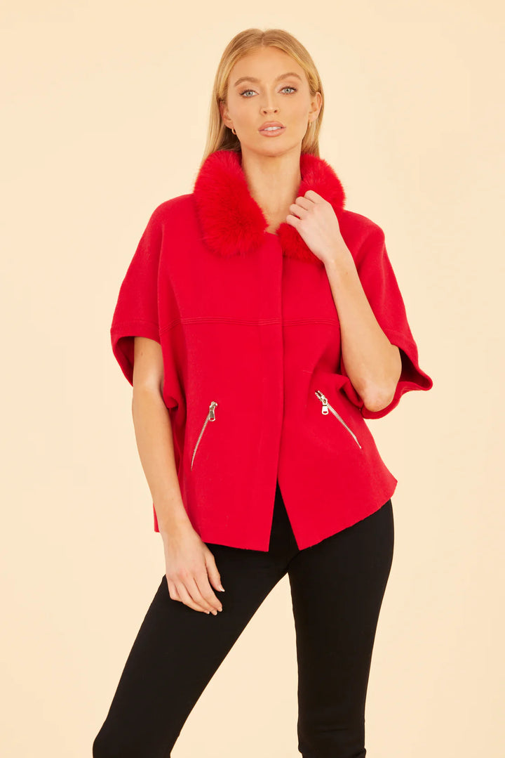 Faux Fur Cardigan - Red