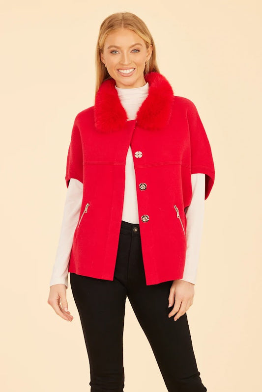 Faux Fur Cardigan - Red