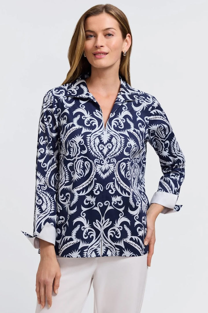 Agnes Damask Shirt - Navy White