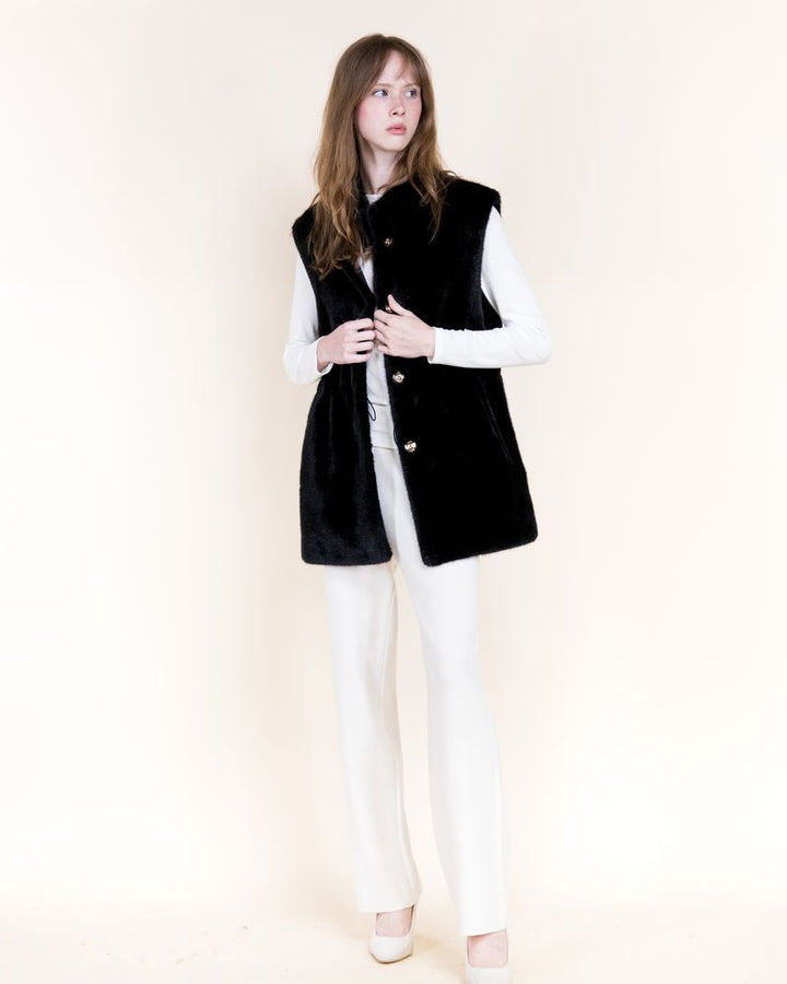 Vegan Fur Snap Button Vest - Black