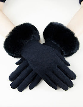 Faux Fur Cuff Gloves - Black