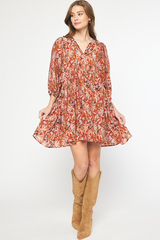 Fun And Floral Dress - Rust