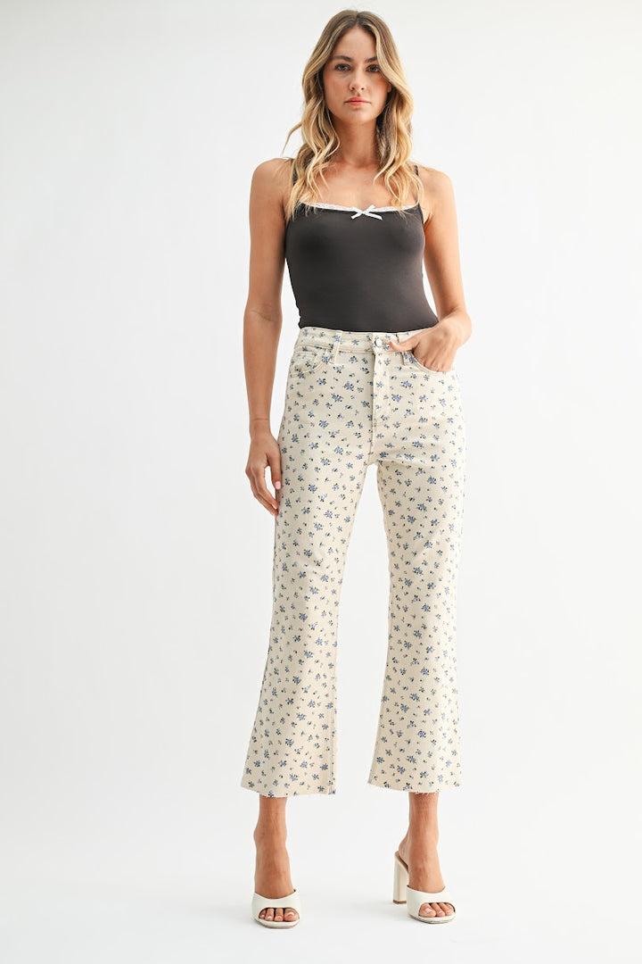 HR Tonal Crop Flare Jeans - Flower Print