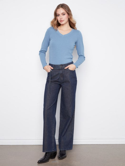 Belted Wide Leg Pants - Blue Black