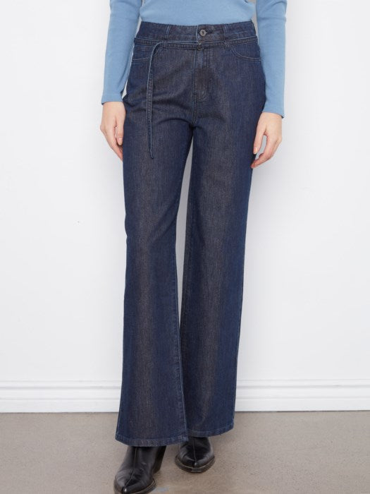 Belted Wide Leg Pants - Blue Black