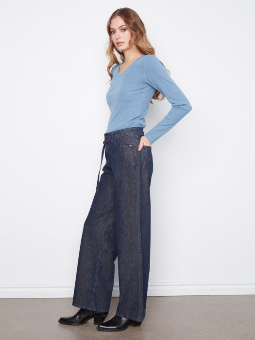 Belted Wide Leg Pants - Blue Black